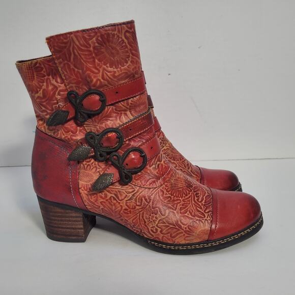L'artiste Spring Step Elsie Red Leather Boots Boho Chunky Heel Womens 39 / 8.5US - Picture 4 of 11